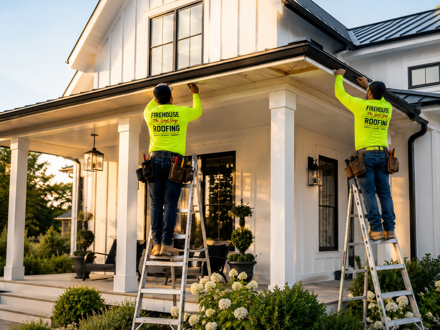 FireHouse crew installing soffit and fascia on a modern farmhouse.