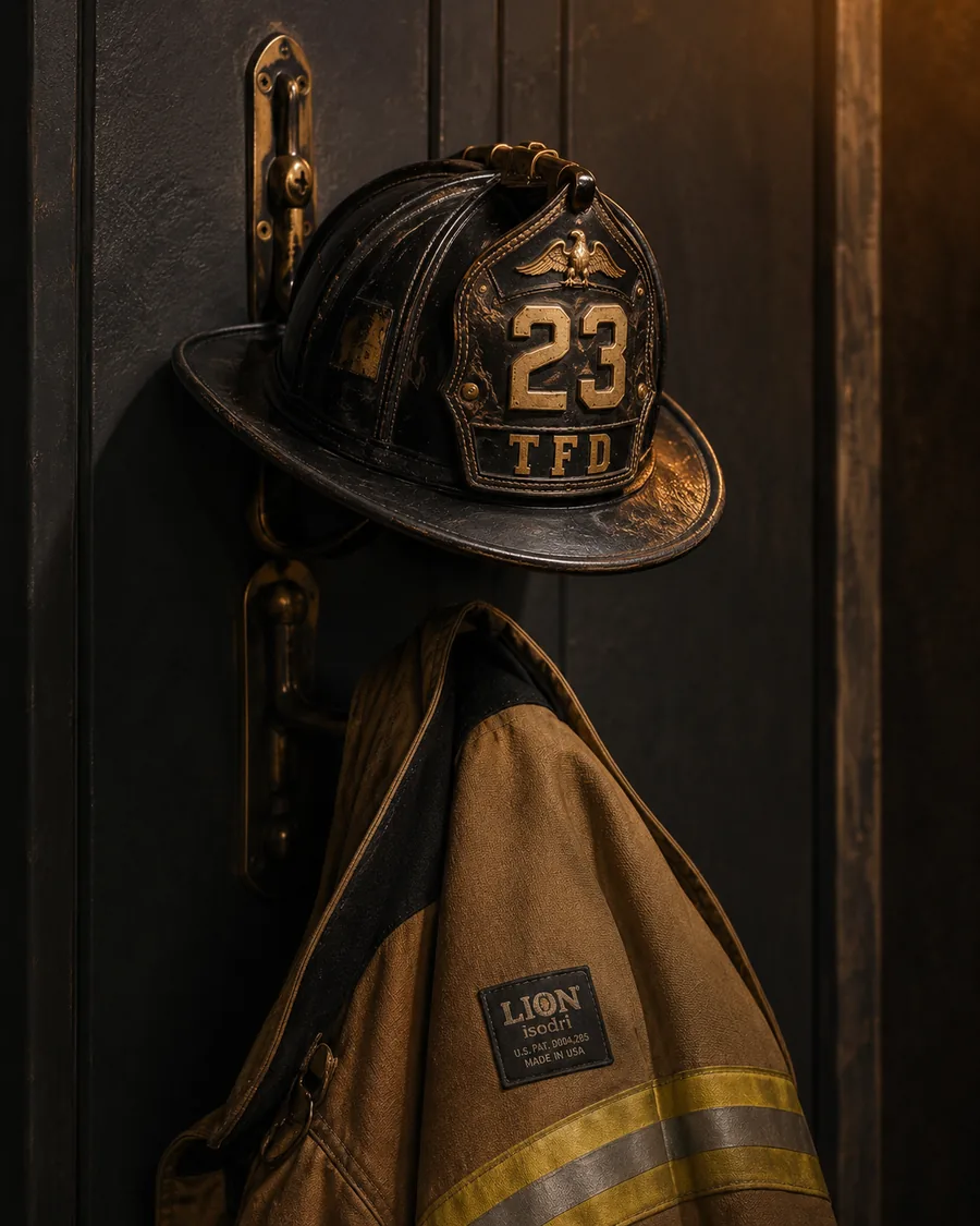 Firefighter turnout coat and leather helmet hanging in a firehouse bay