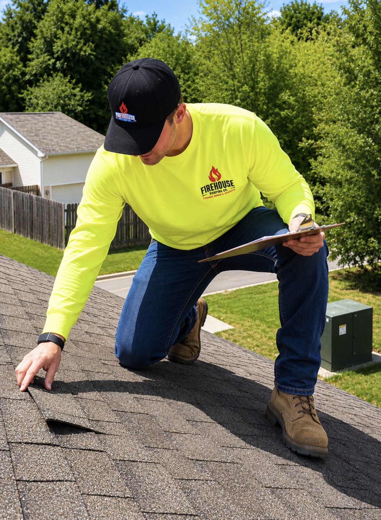 A FireHouse Roofing Co. inspector on a residential roof during an inspection.