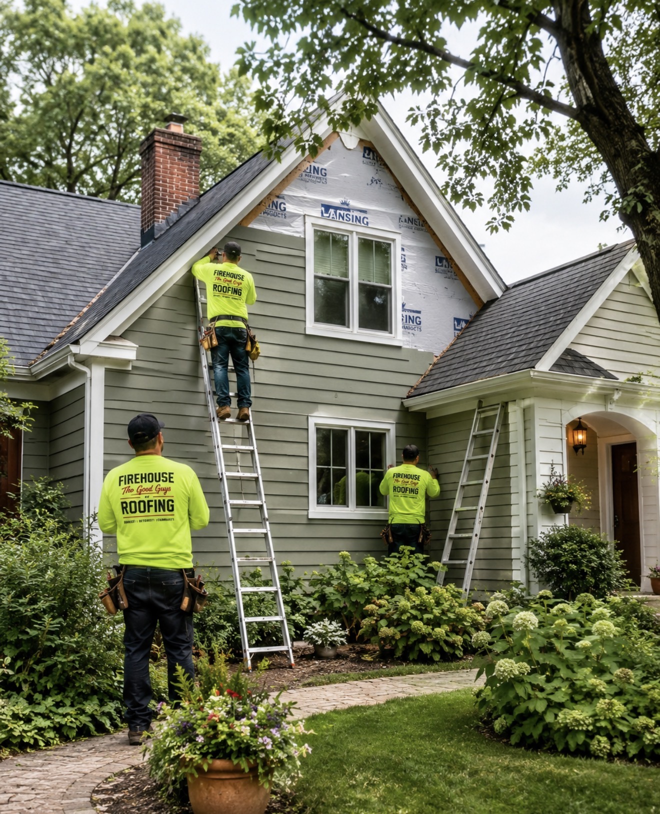 FireHouse crew installing new lap siding on a green cottage-style home.