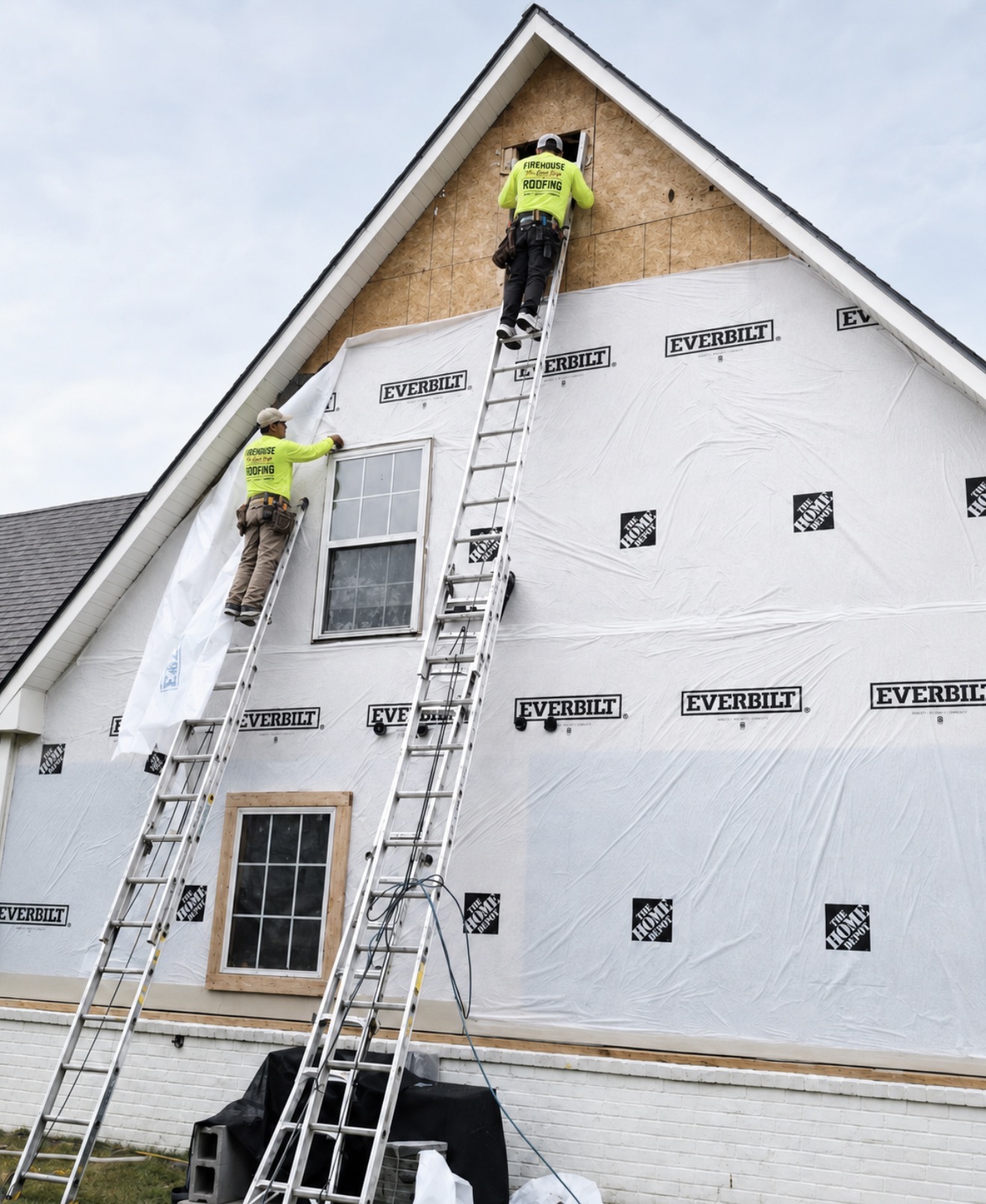 FireHouse crew wrapping a tall gable wall before new siding goes up.