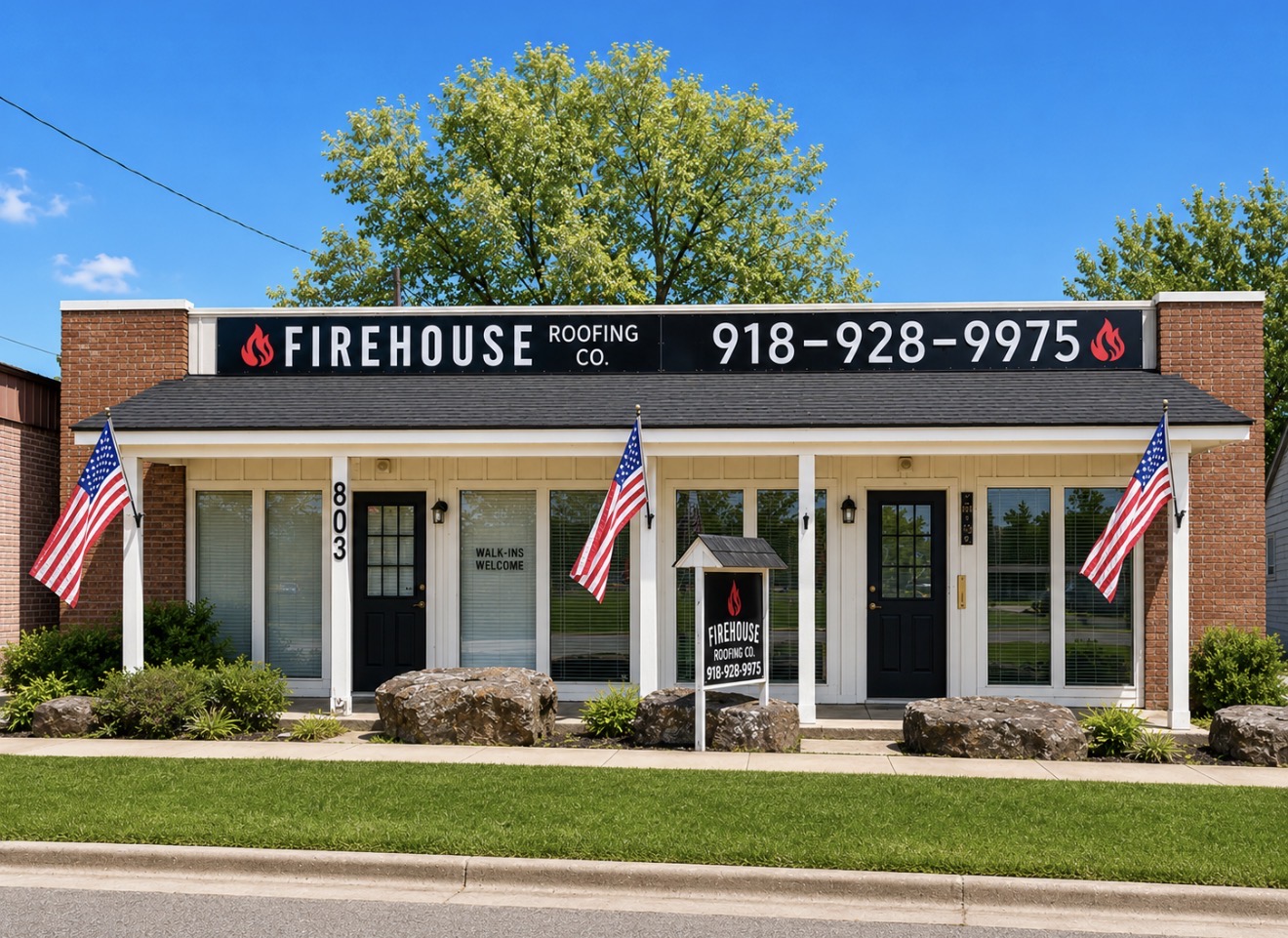 FireHouse Roofing Co. office building at 803 N Elm Pl in Broken Arrow, Oklahoma — brick storefront with American flags and Walk-Ins Welcome sign