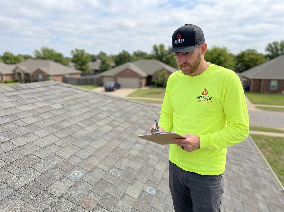 FireHouse Roofing team member inspecting an asphalt shingle roof and documenting damage on a clipboard