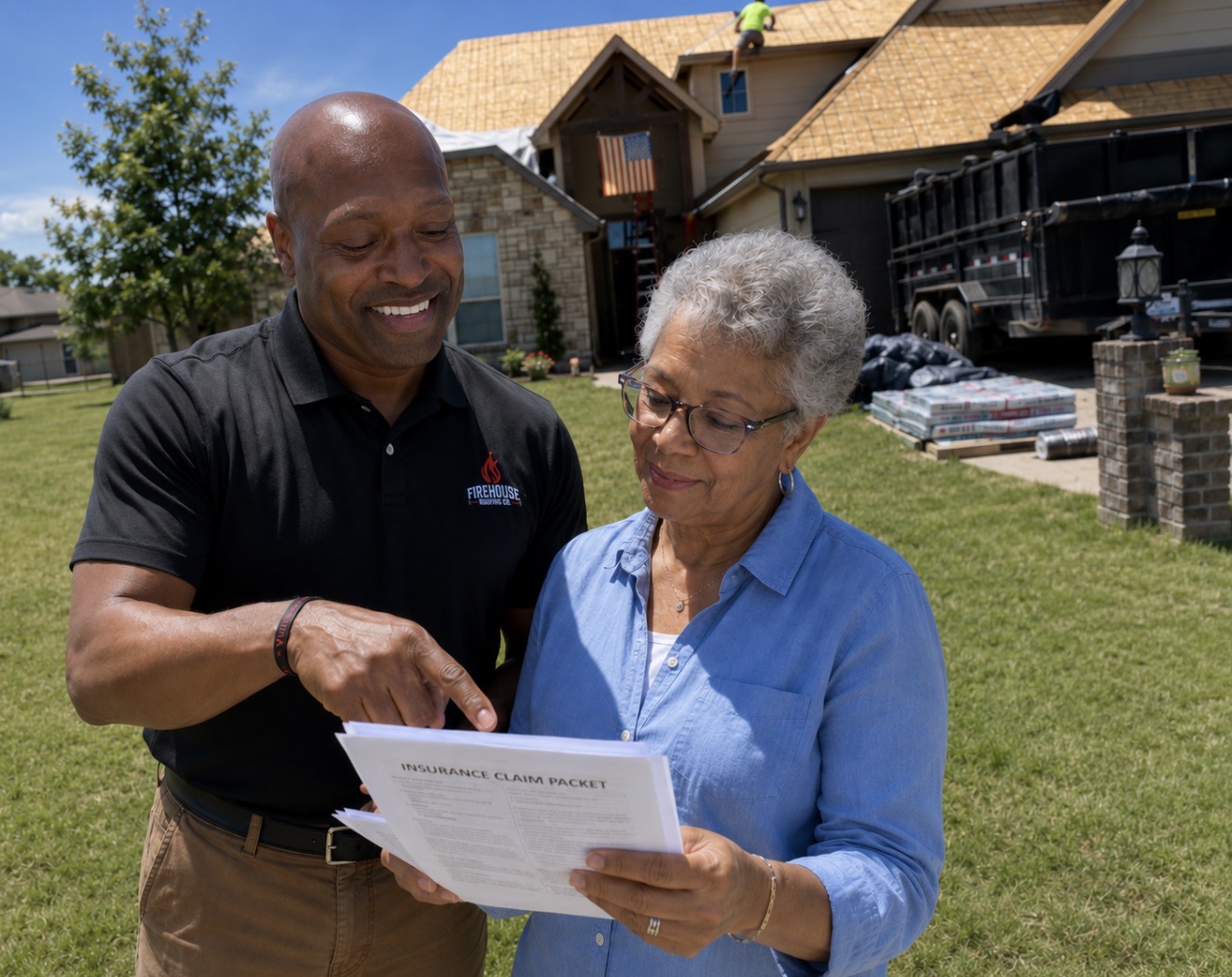 FireHouse Roofing representative speaking with a homeowner in front of shingle pallets