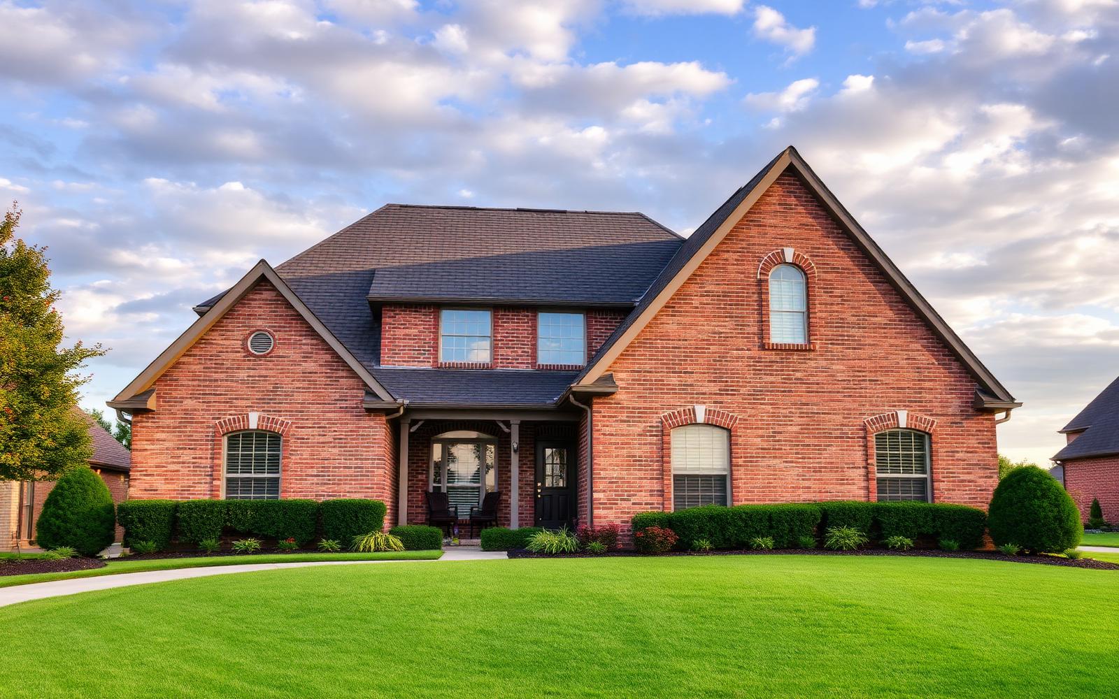 Brick two-story Claremore Oklahoma home with new architectural shingle roof and bright sky