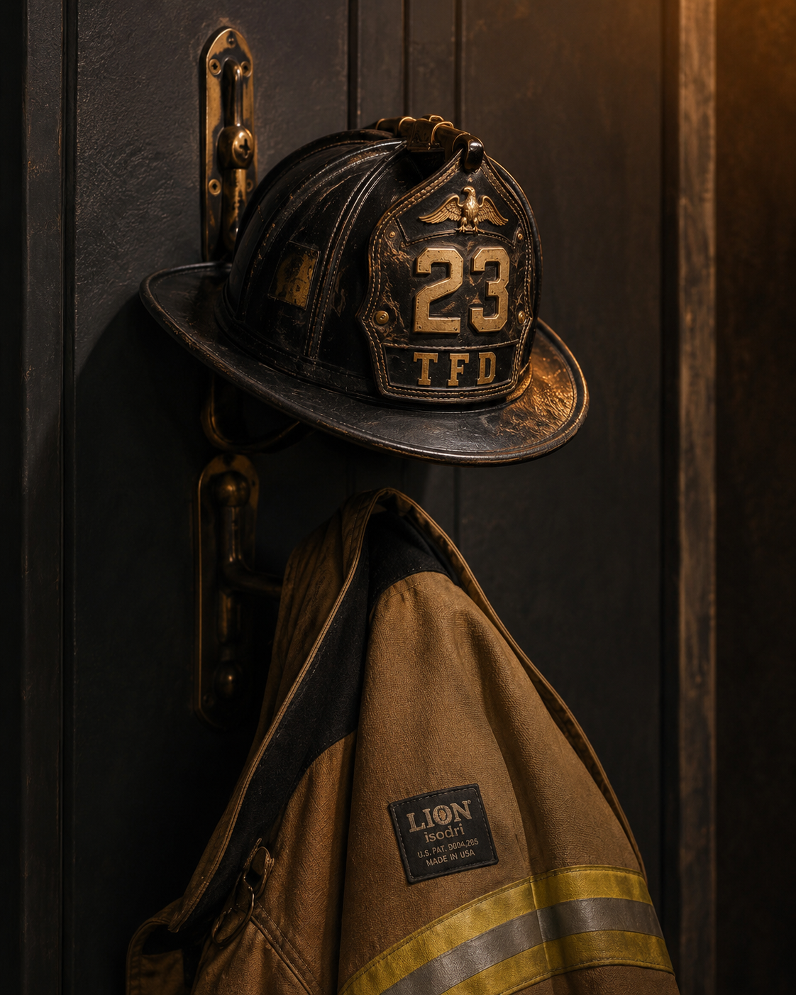 Firefighter turnout coat and leather helmet hanging in a firehouse bay