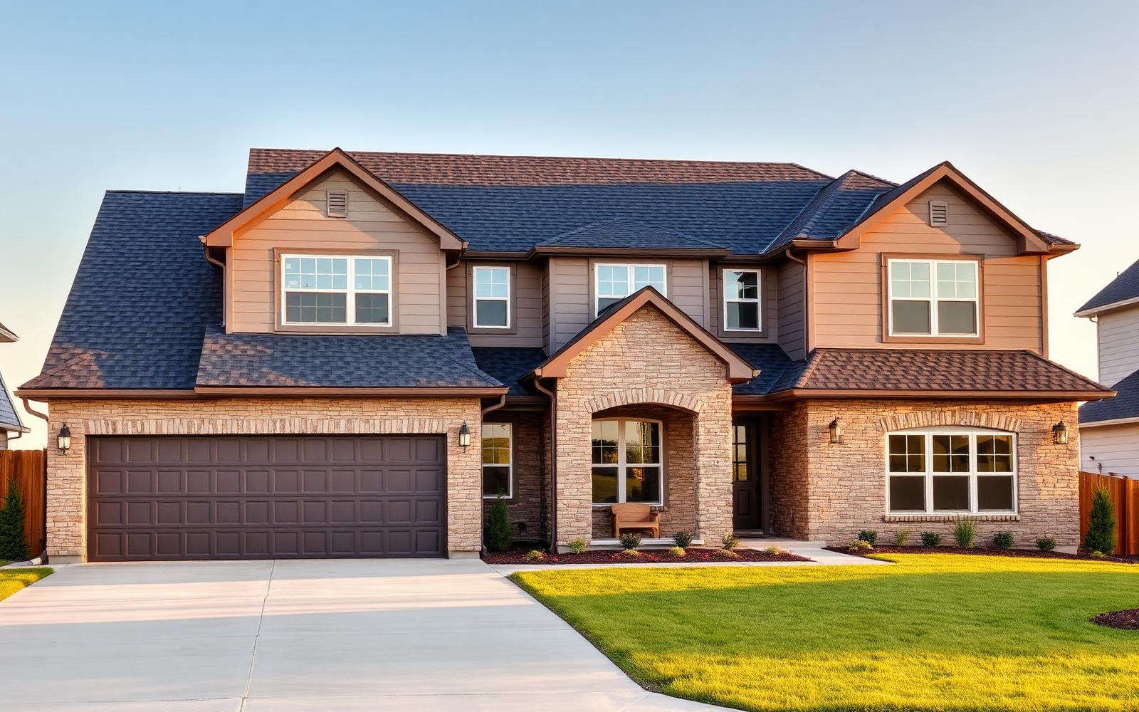 New two-story Glenpool Oklahoma home with stone-and-siding exterior and fresh architectural shingle roof