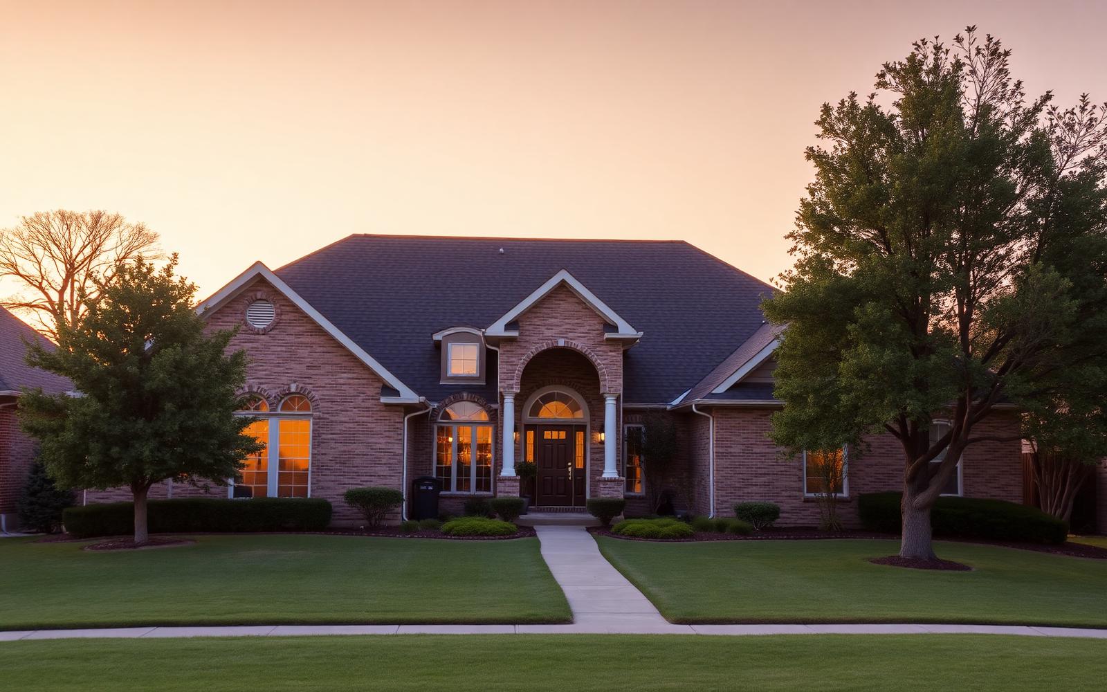 Upscale Jenks Oklahoma brick home with new architectural shingle roof at golden hour