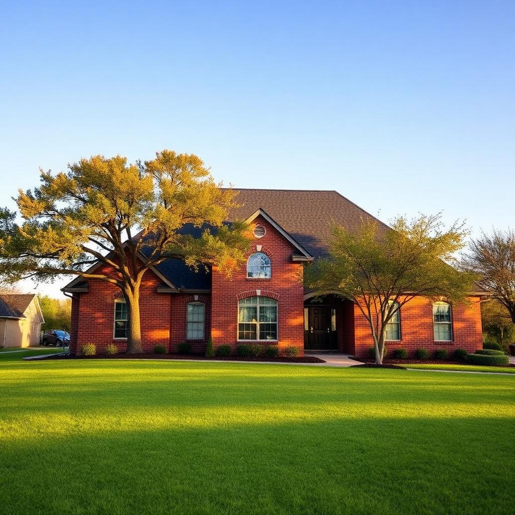 Traditional brick Wagoner Oklahoma home with a new dark architectural shingle roof and mature trees